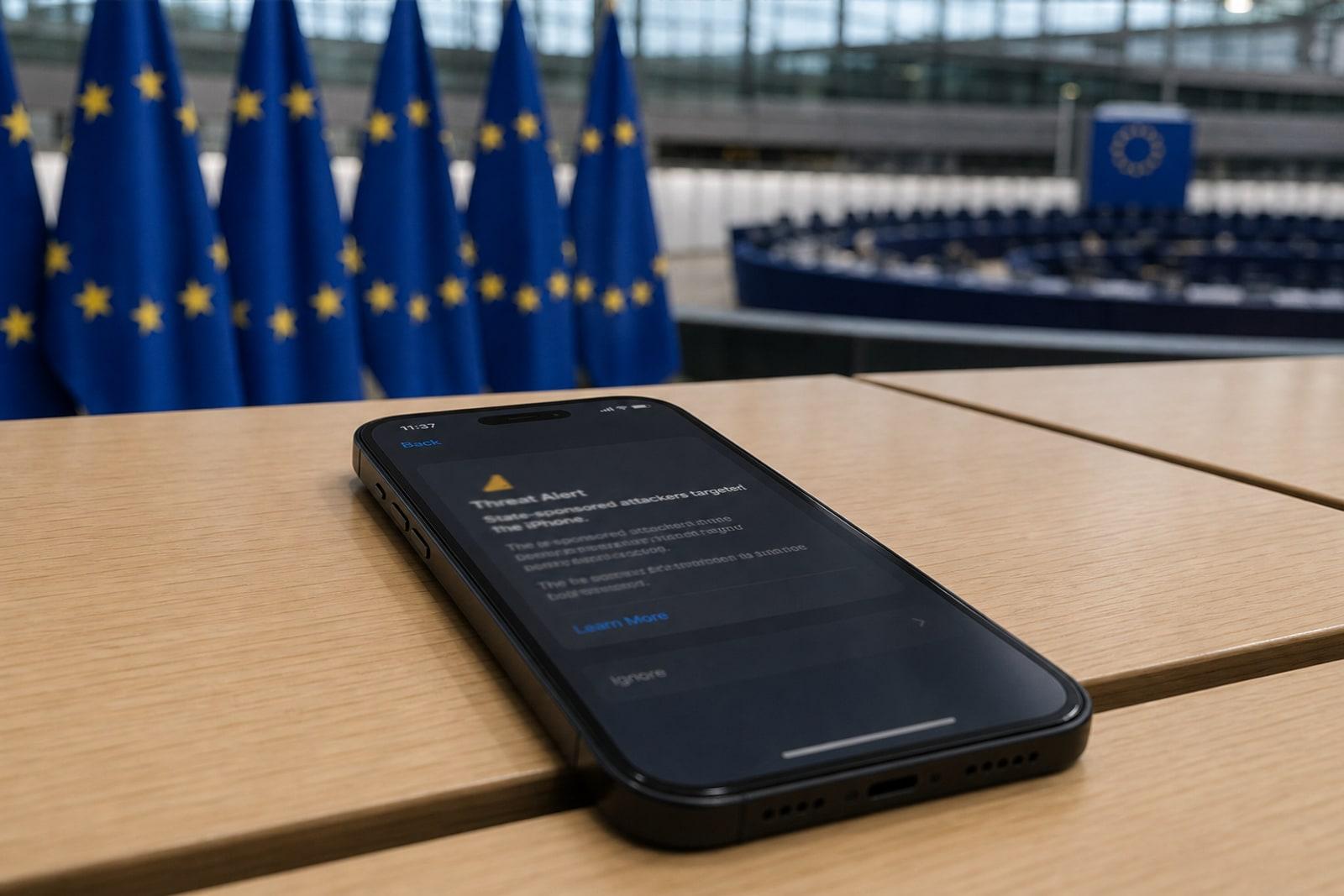 An iPhone on a European Parliament committee table showing Apple's state-sponsored attack warning, with blurred EU flags behind.