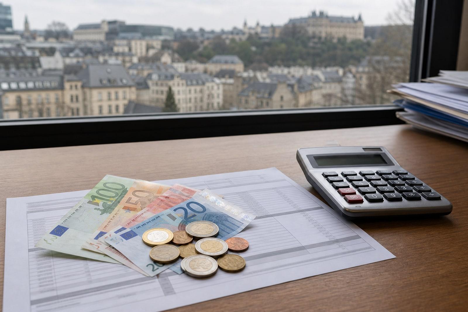Euro banknotes and coins resting on a printed payslip beside a calculator on a wooden office desk in Luxembourg.