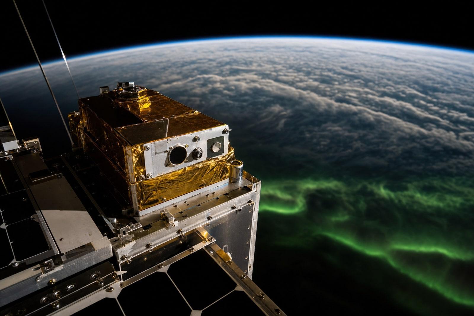 A compact gold-and-silver space-weather sensor on a small satellite in low Earth orbit above Earth's curve, with a faint green aurora below.