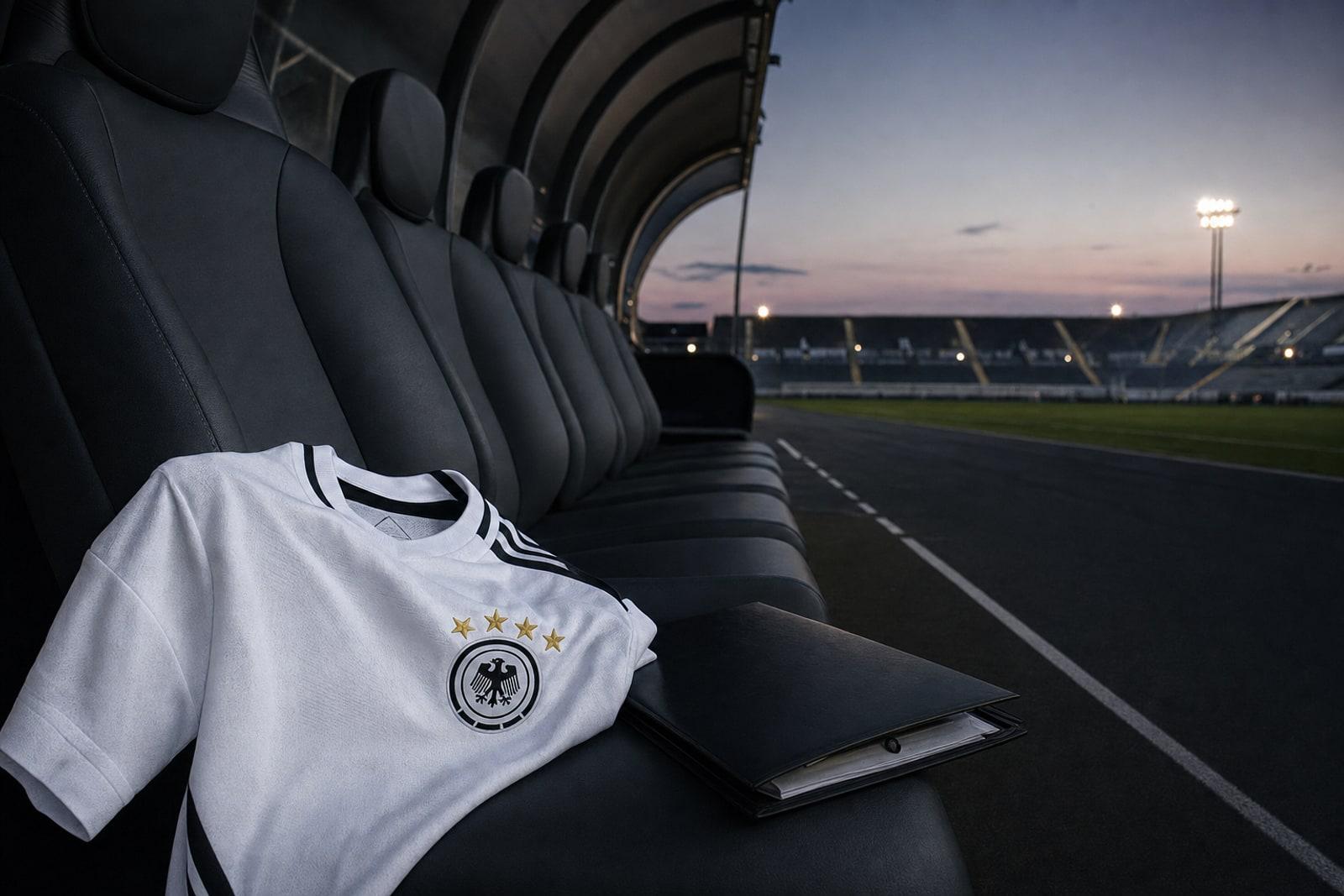 An empty coach's seat in a dim stadium technical area with a folded white Germany home jersey bearing the black DFB eagle crest and four gold stars.