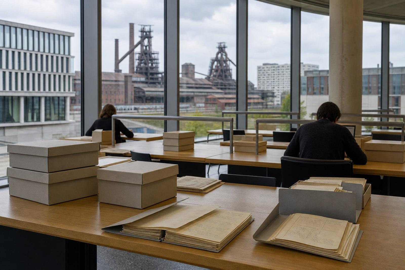 Archival boxes and folders sit on reading room tables at Esch-Belval, with anonymous visitors and former steelworks structures visible through tall windows.