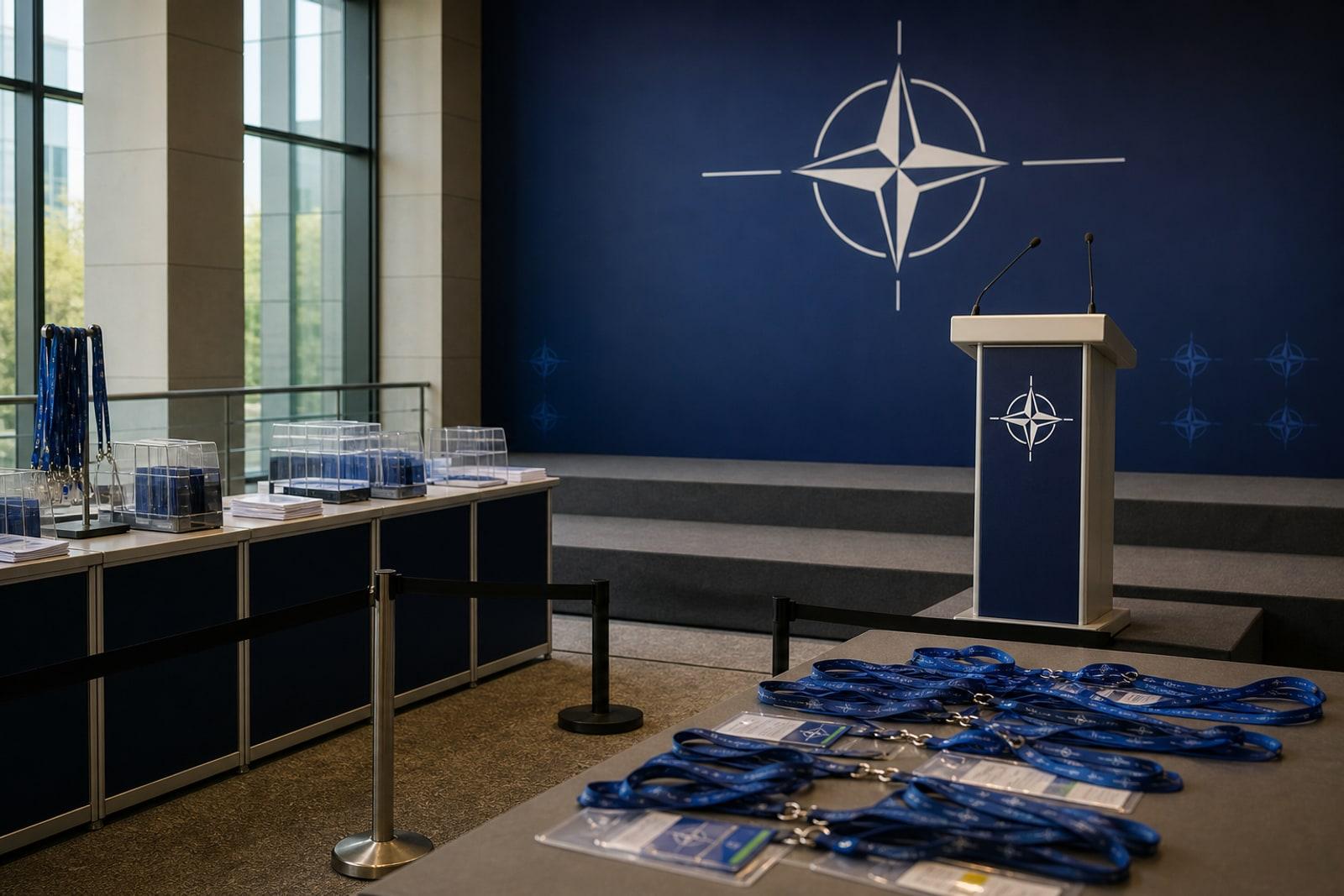 A NATO summit accreditation checkpoint with an empty press riser beneath a navy backdrop bearing NATO's white compass-star emblem.