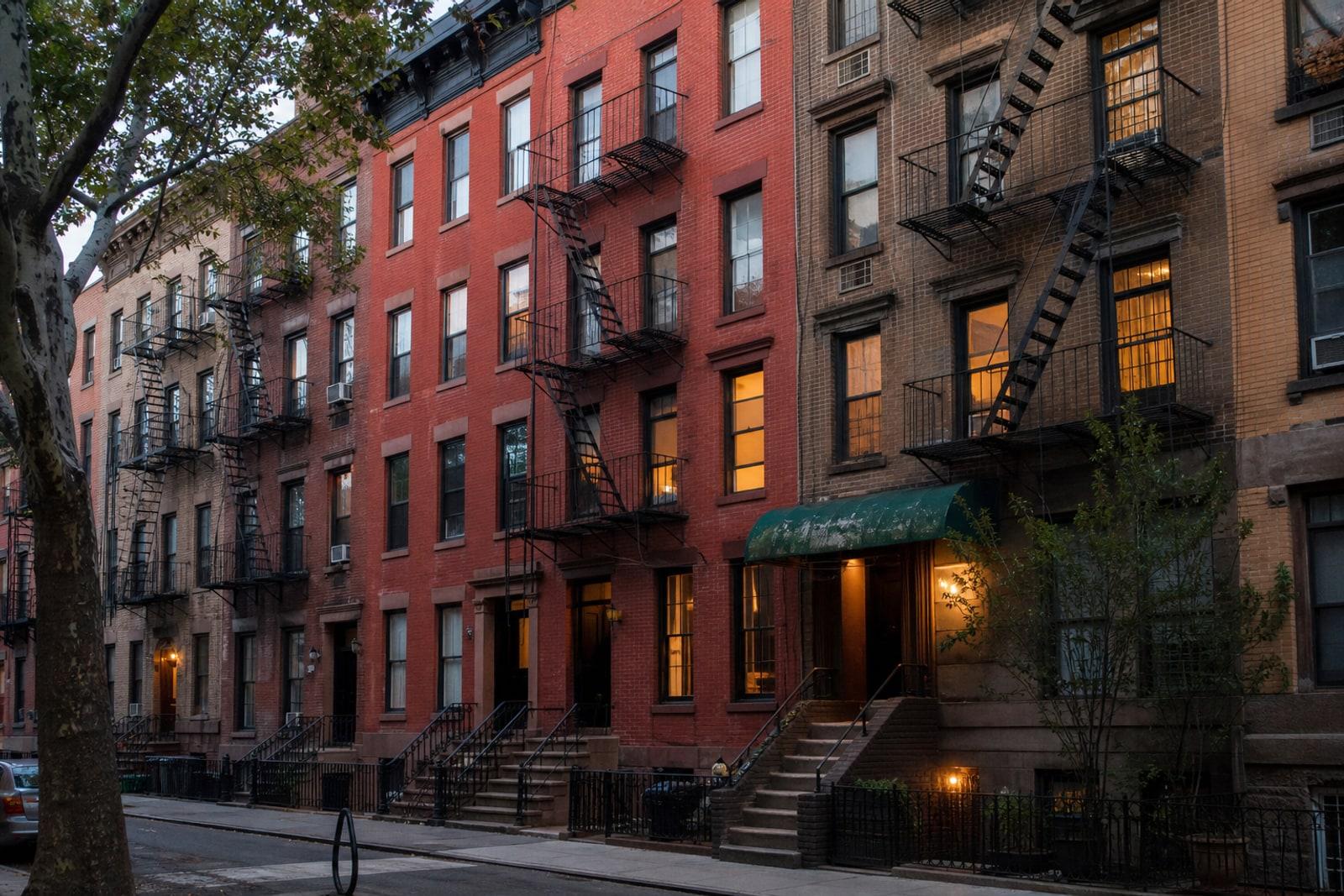 A row of New York City pre-war rent-stabilised brick apartment buildings with black cast-iron fire escapes at dusk.