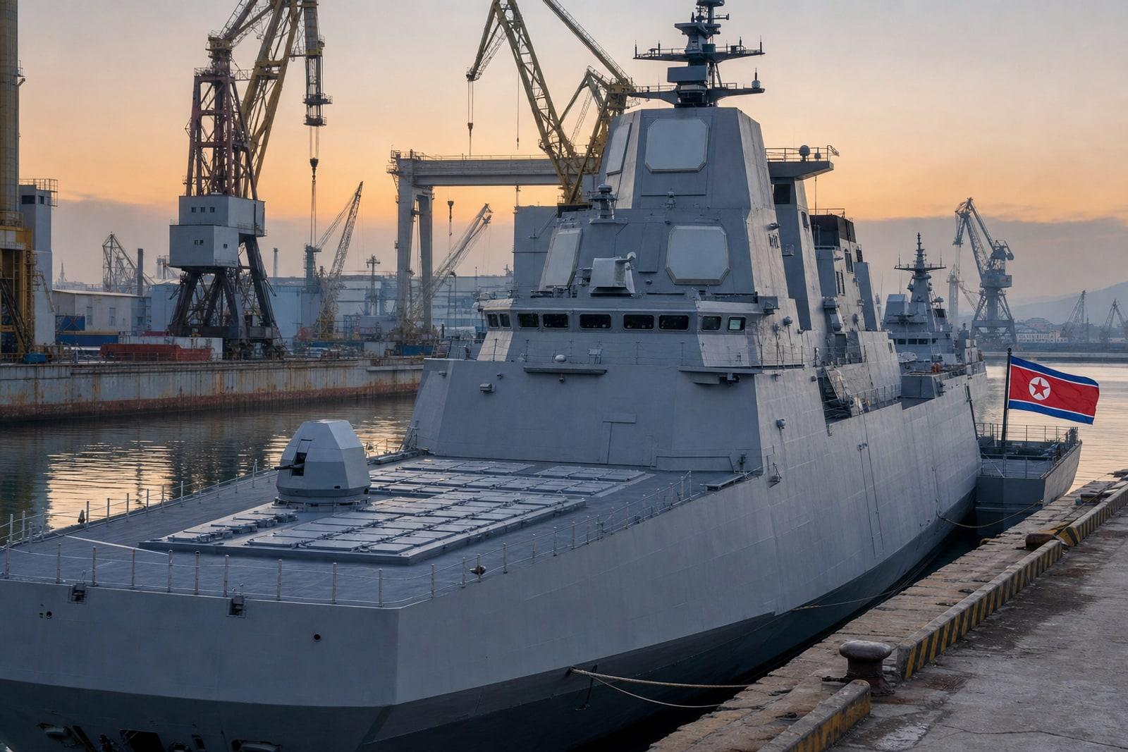 A grey North Korean Choe Hyon-class guided-missile destroyer moored at a shipyard quay, with phased-array radar panels on its superstructure and gantry cranes behind.