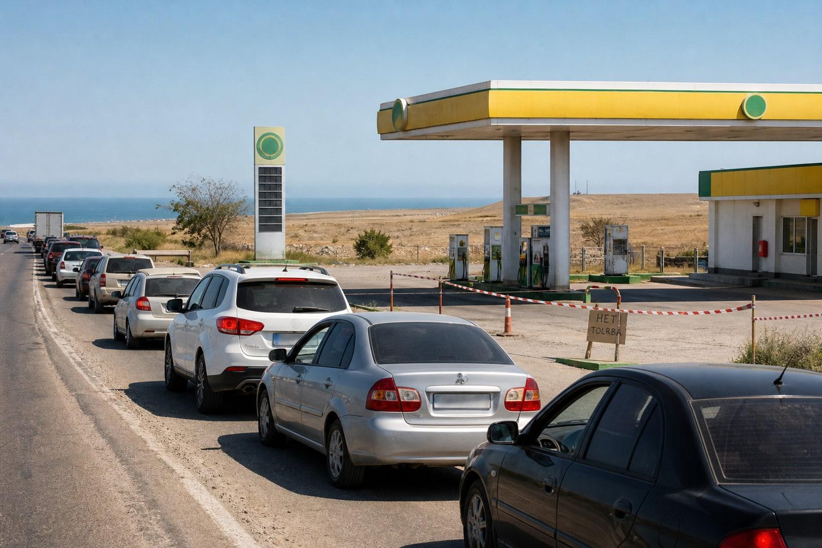 Cars queue at a closed petrol station on a sun-baked Crimean roadside, its pumps cordoned off.