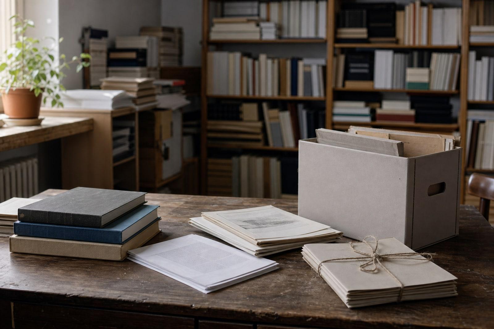 A quiet publishing office worktable with stacked unmarked books, page proofs, archive boxes, and shelves in soft natural light.