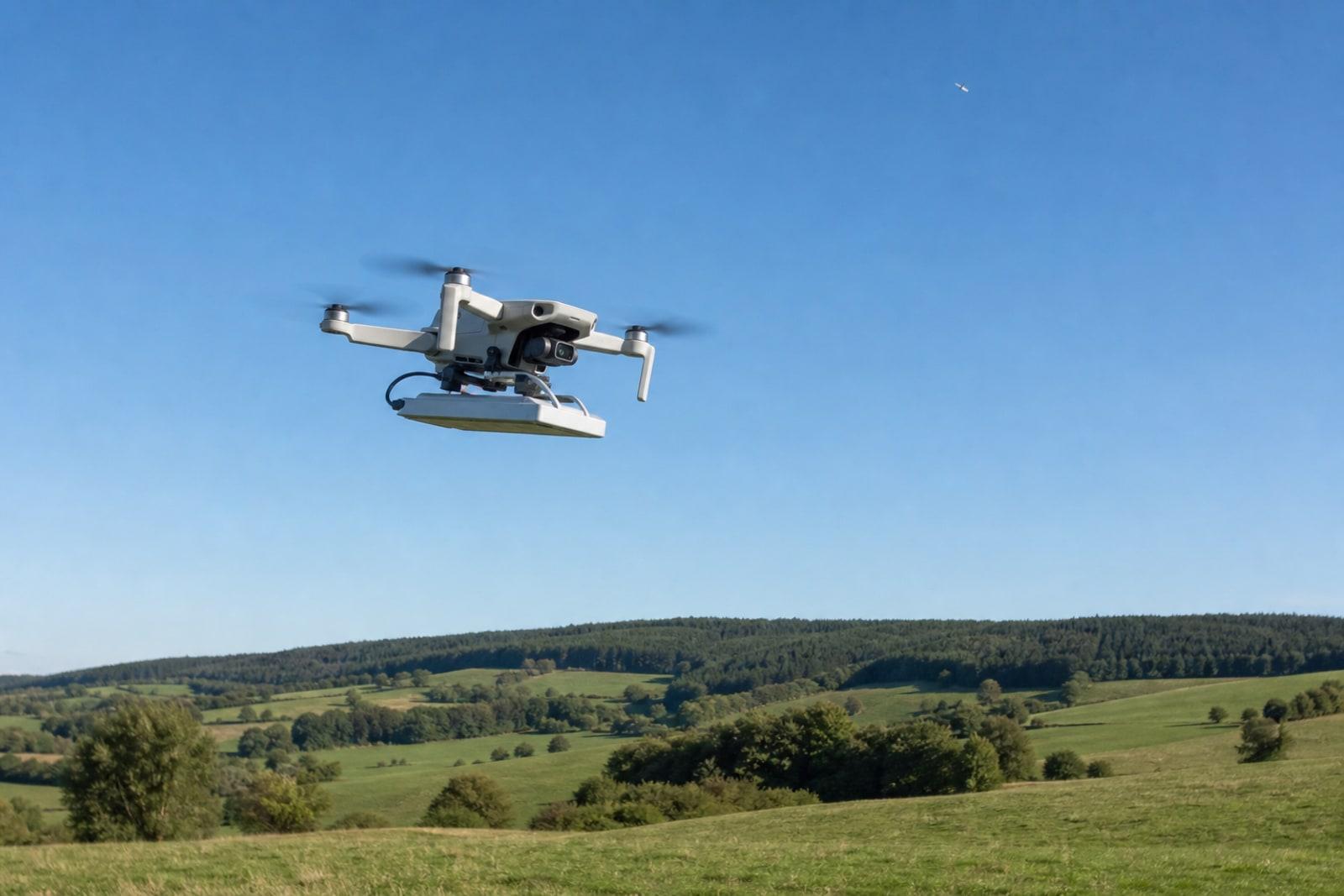 A small white quadcopter drone in flight against a clear sky, with a faint low-Earth-orbit communications satellite suggested high above.