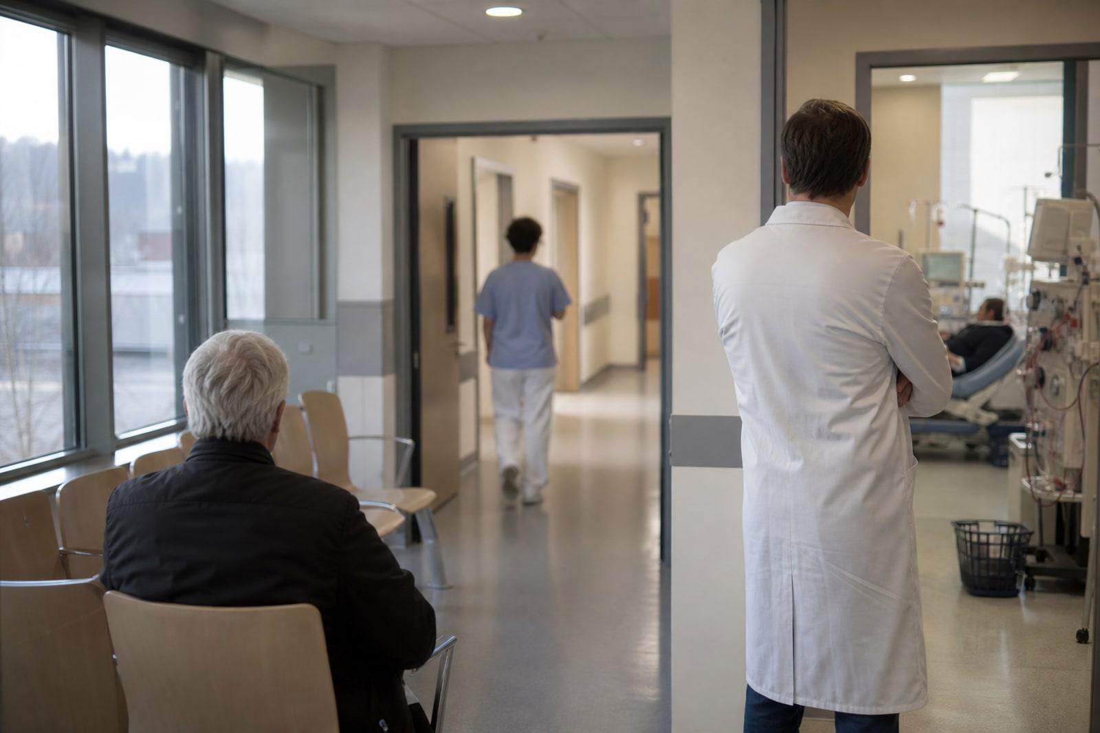 Anonymous doctor and patients in a quiet outpatient clinic corridor with a dialysis treatment room visible in the background.