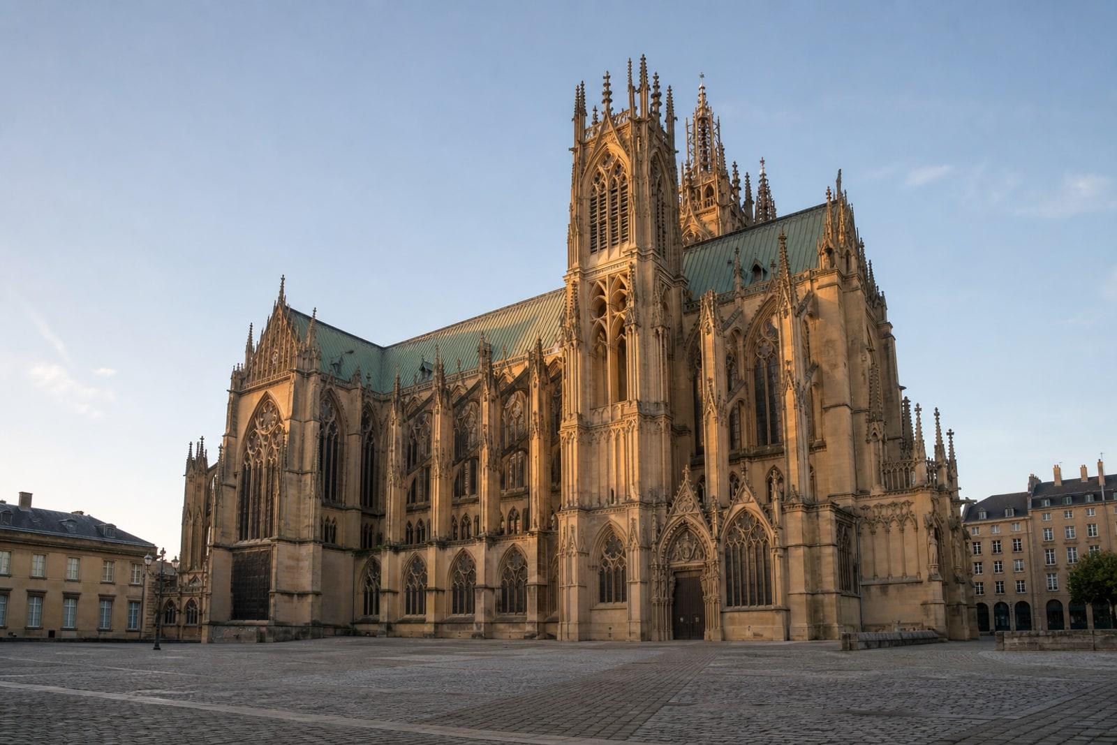 The golden Jaumont-limestone Gothic facade and tall tower of the Cathedral of Saint-Étienne in Metz under soft morning light.