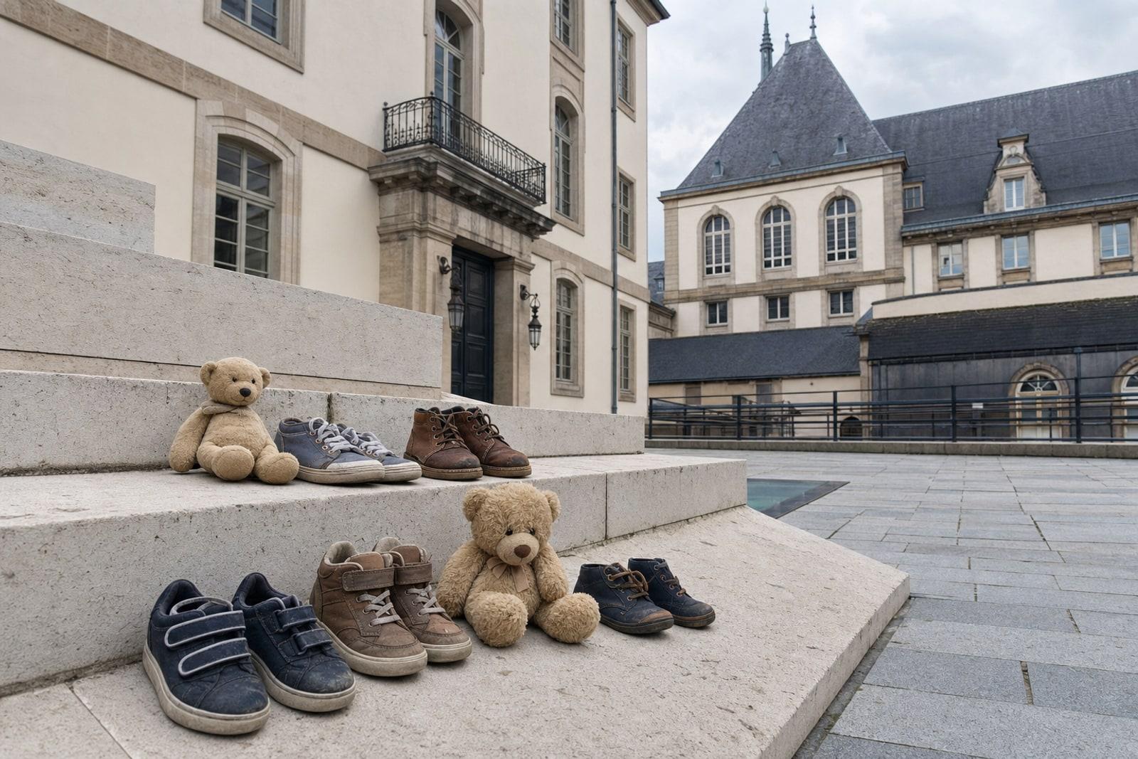Kinderschuhe und Teddybären vor der Cité judiciaire in Luxemburg als Sinnbild für den geforderten Kinderschutz