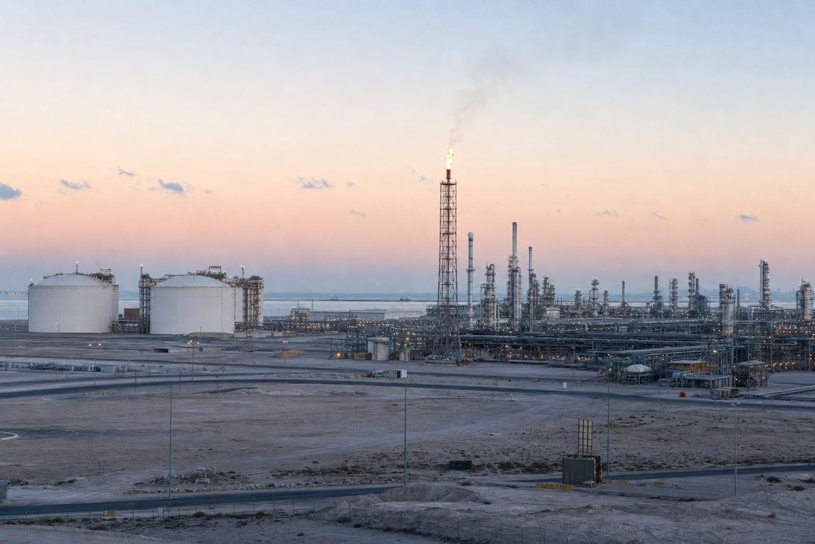 A sprawling coastal gas-processing complex with steel towers, pipework, white storage tanks and a burning flare stack under a pale dawn sky.
