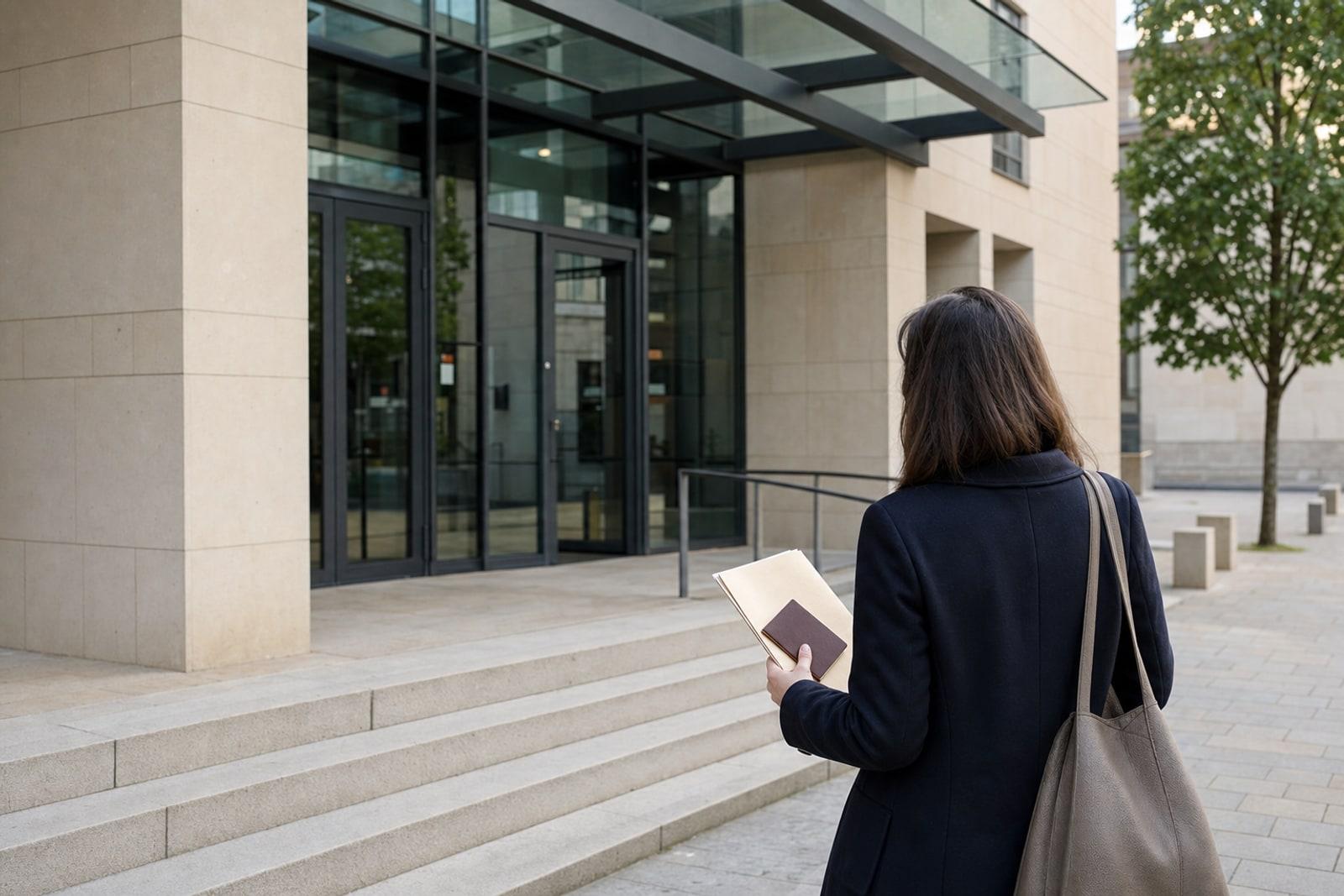 Illustrative newcomer carrying residence papers outside a Luxembourg communal administration