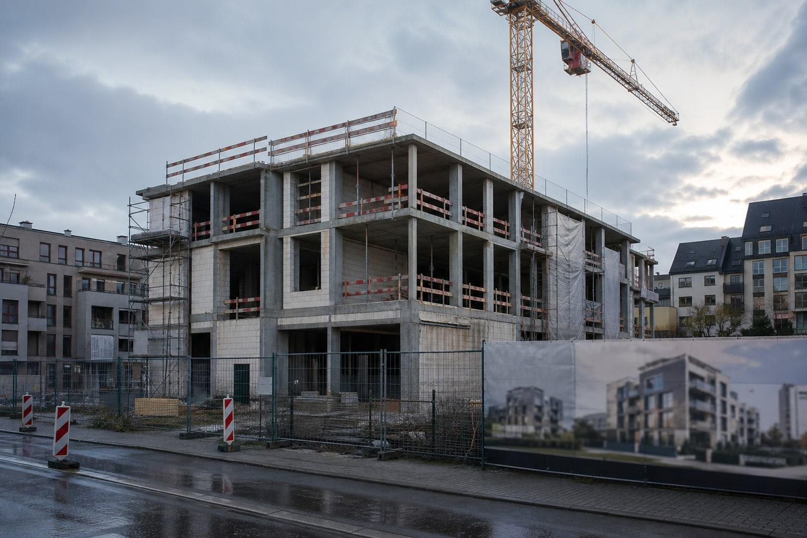 E rouegen Appartementschantier zu Lëtzebuerg mat Baukran an hallef fäerdegem Rohbau