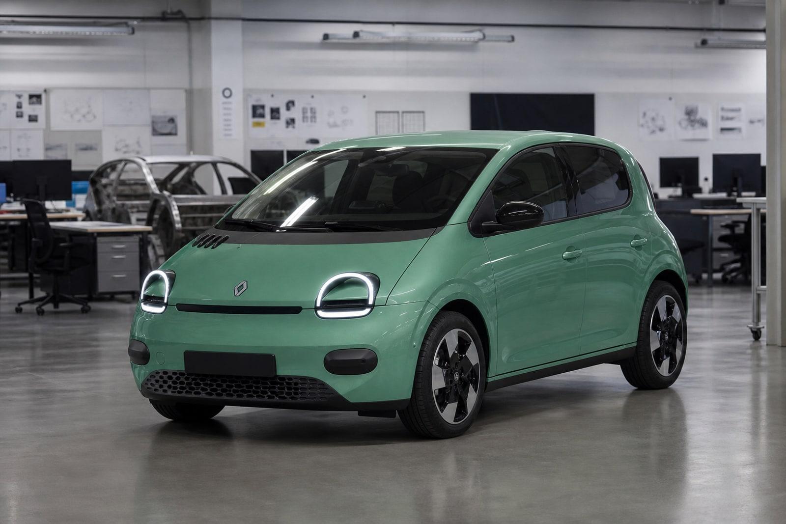 A new Renault Twingo E-Tech electric city car parked in a sparsely populated engineering studio.