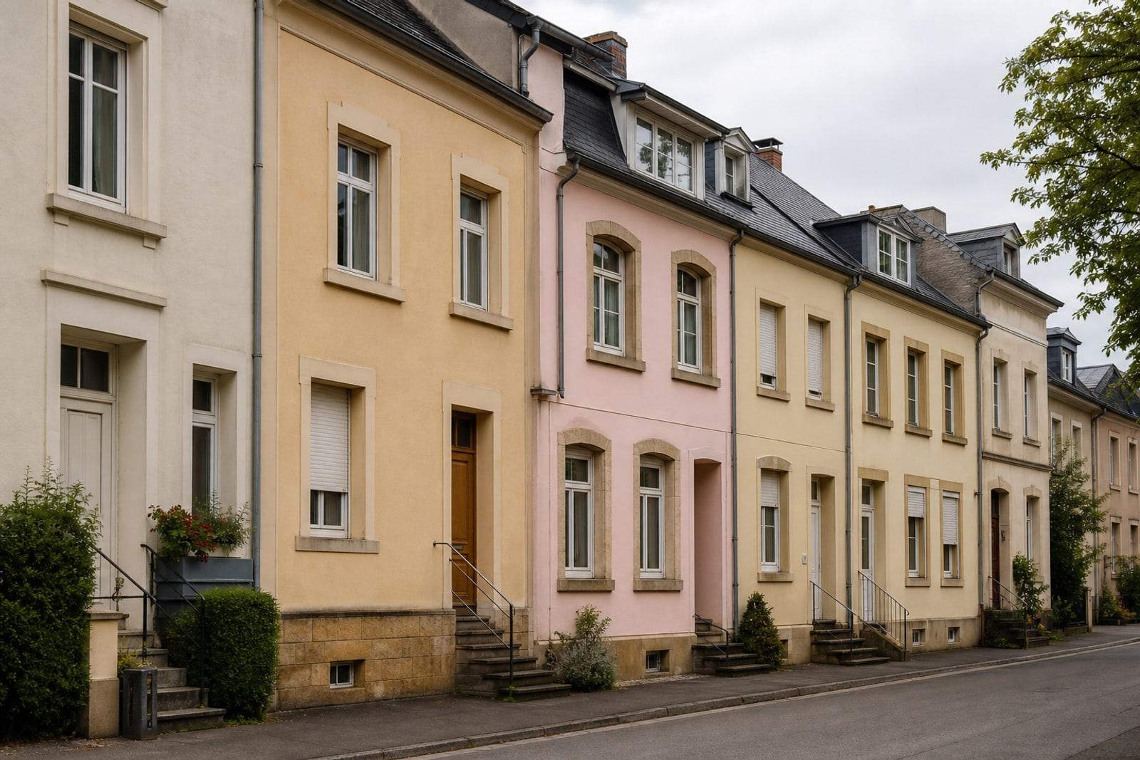 A row of pastel townhouse façades on a quiet residential street in Luxembourg City