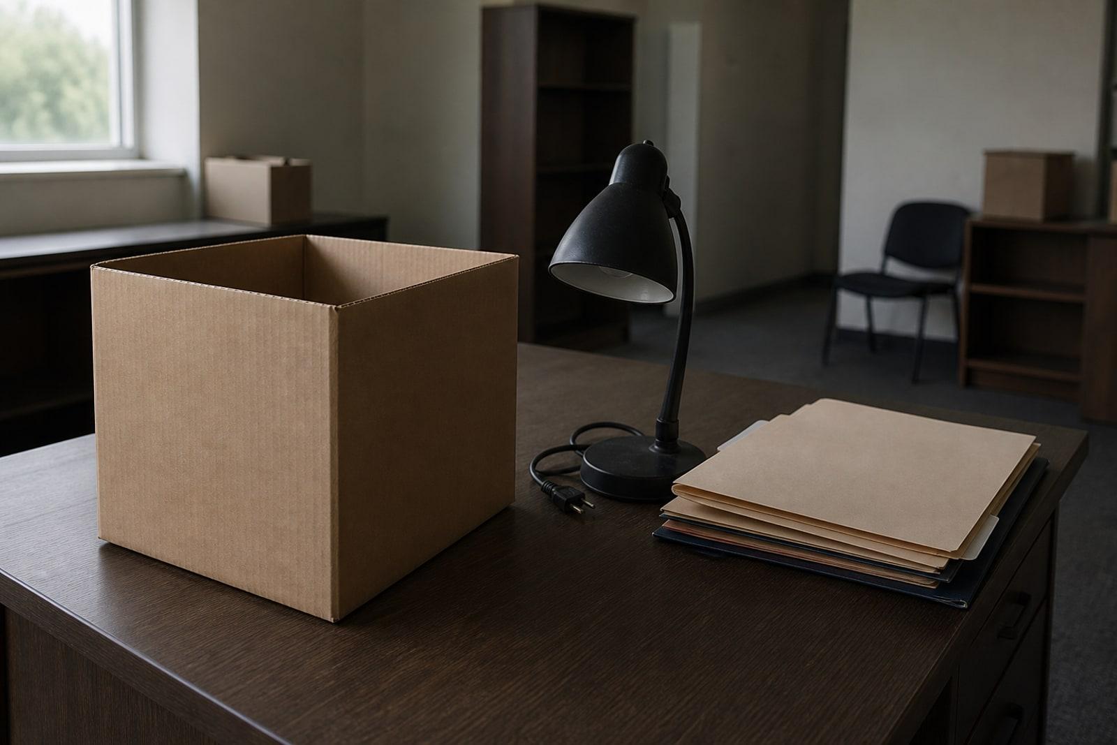 An empty donation collection box on a bare desk in a dimly lit, half-cleared charity office.