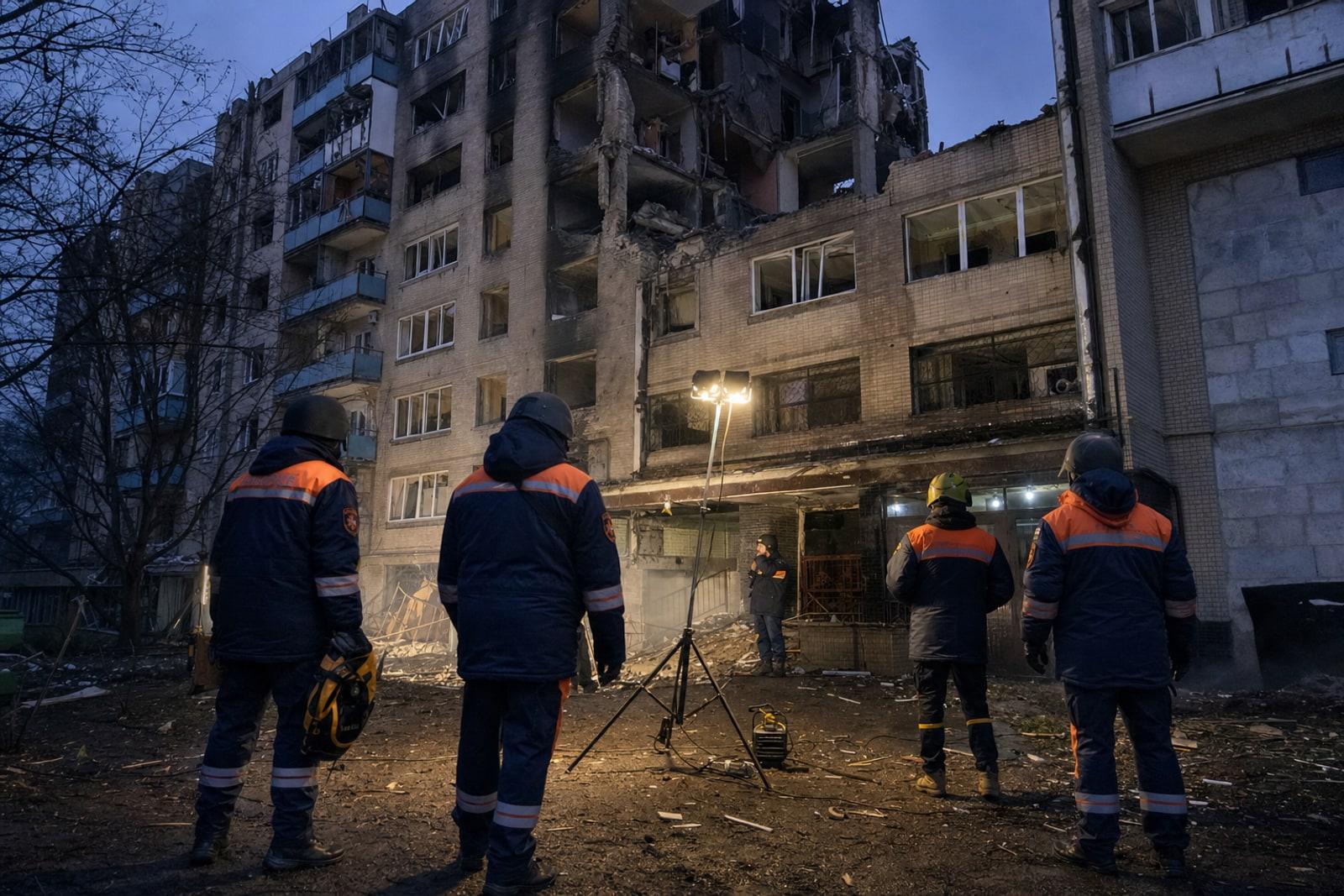 Emergency rescuers work at a damaged multi-storey Kyiv apartment block before dawn after a Russian missile strike