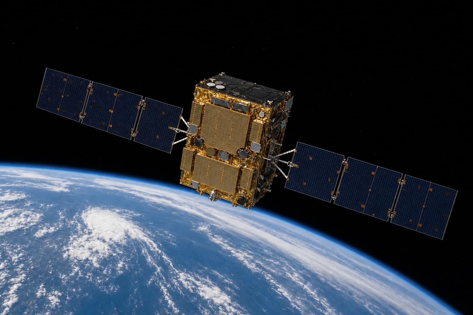 Illustration of a Boeing-built SES O3b mPower communications satellite with deployed solar-array wings in medium Earth orbit above Earth.