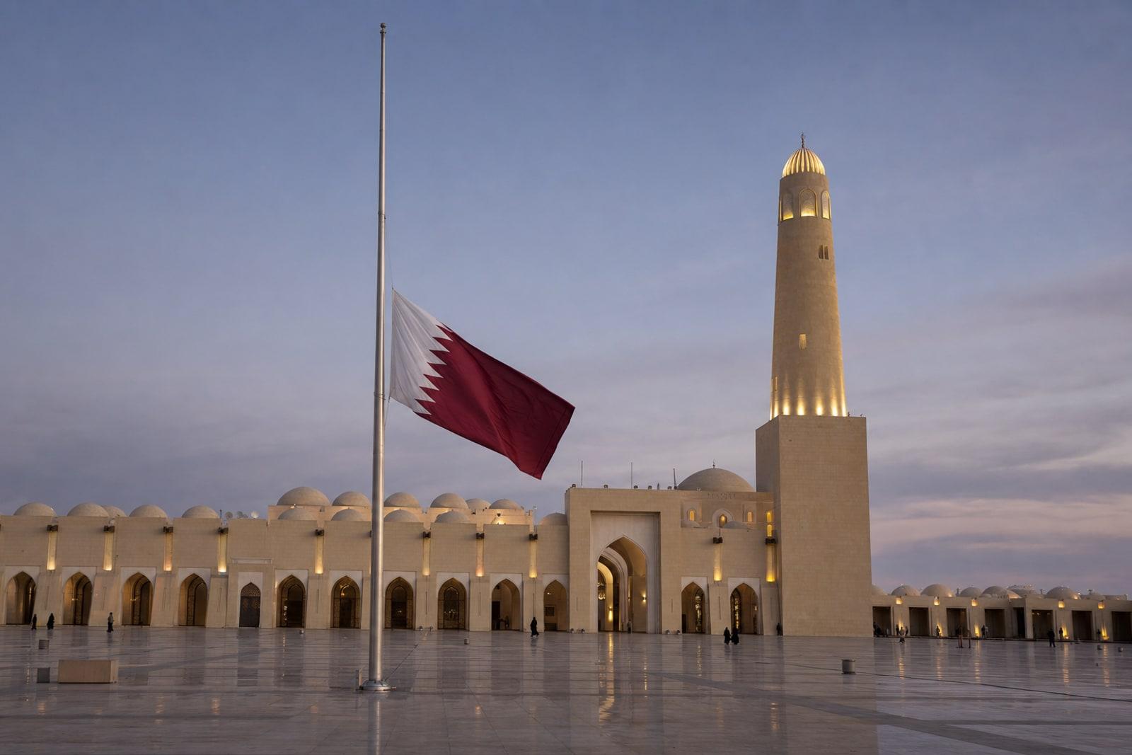 Qatar's maroon-and-white national flag at half-mast in front of the domes and minaret of the Imam Muhammad ibn Abd al-Wahhab State Mosque in Doha at dusk