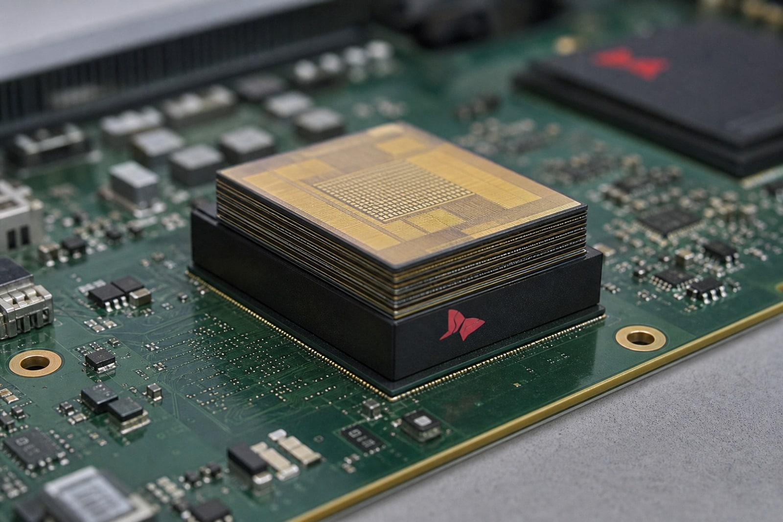 An SK Hynix high-bandwidth memory chip module mounted on a green server circuit board.
