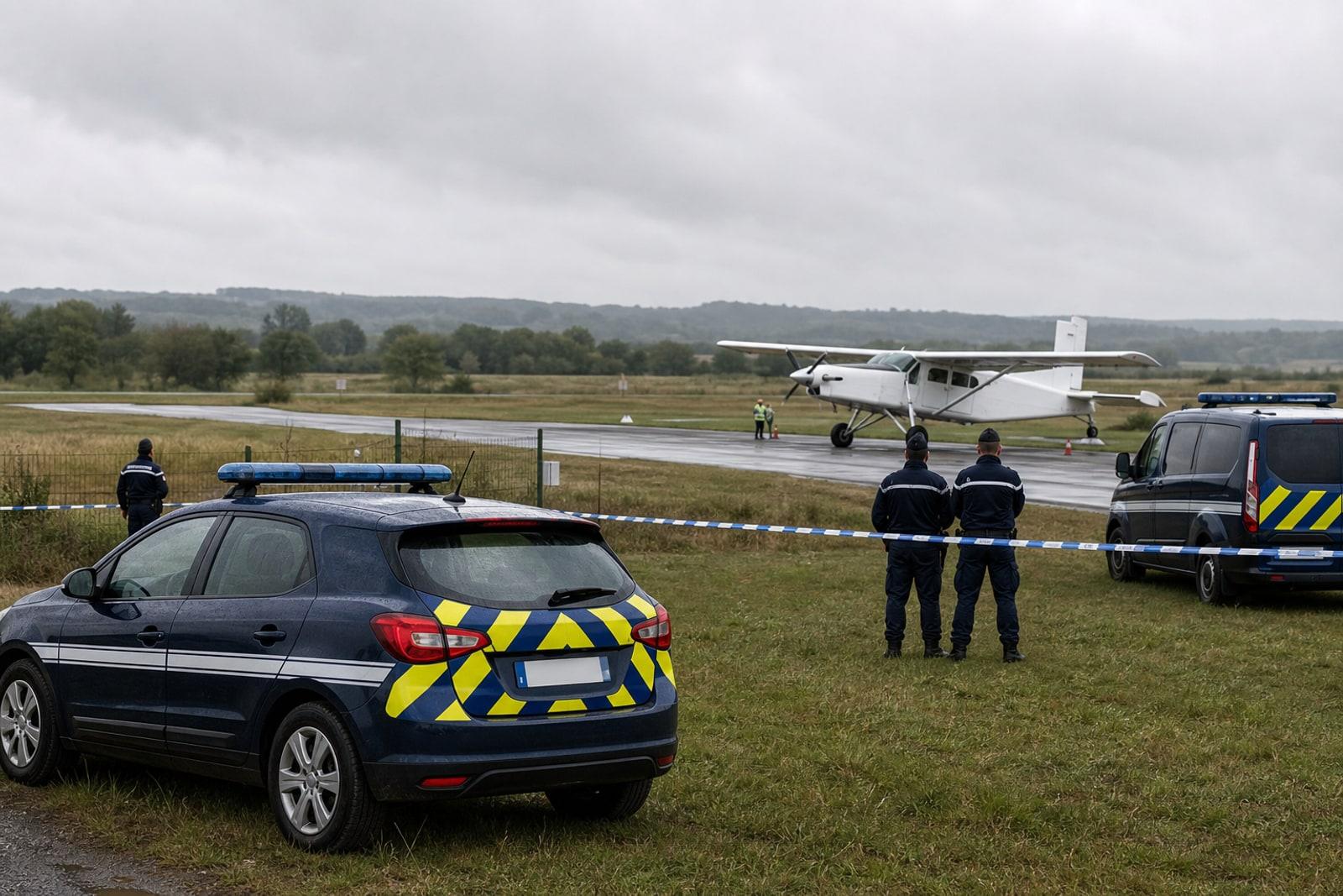 A white single-engine Pilatus PC-6 Turbo Porter turboprop on the apron of a small regional aerodrome beside a gendarmerie cordon under an overcast sky.