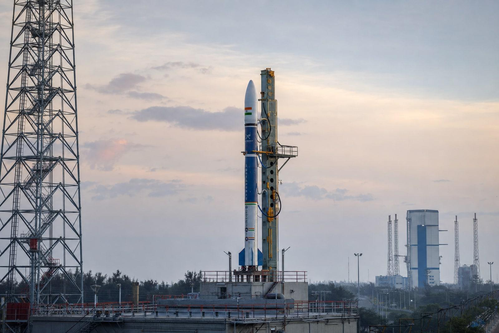 Skyroot’s slender blue-and-white Vikram-1 rocket standing on the launch pad at Sriharikota.
