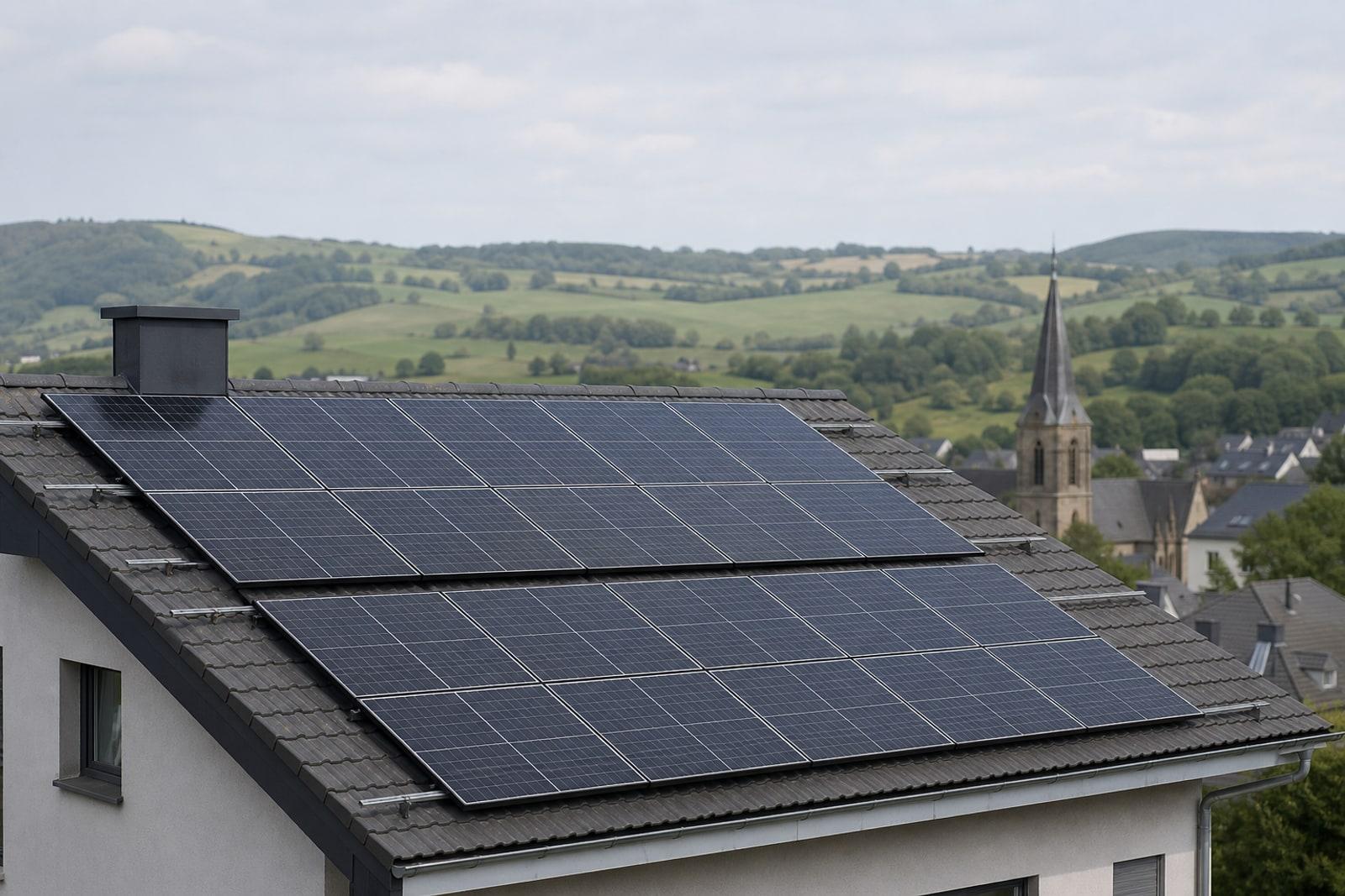Rows of dark blue-black solar photovoltaic panels on a rooftop in Luxembourg under a pale sky.
