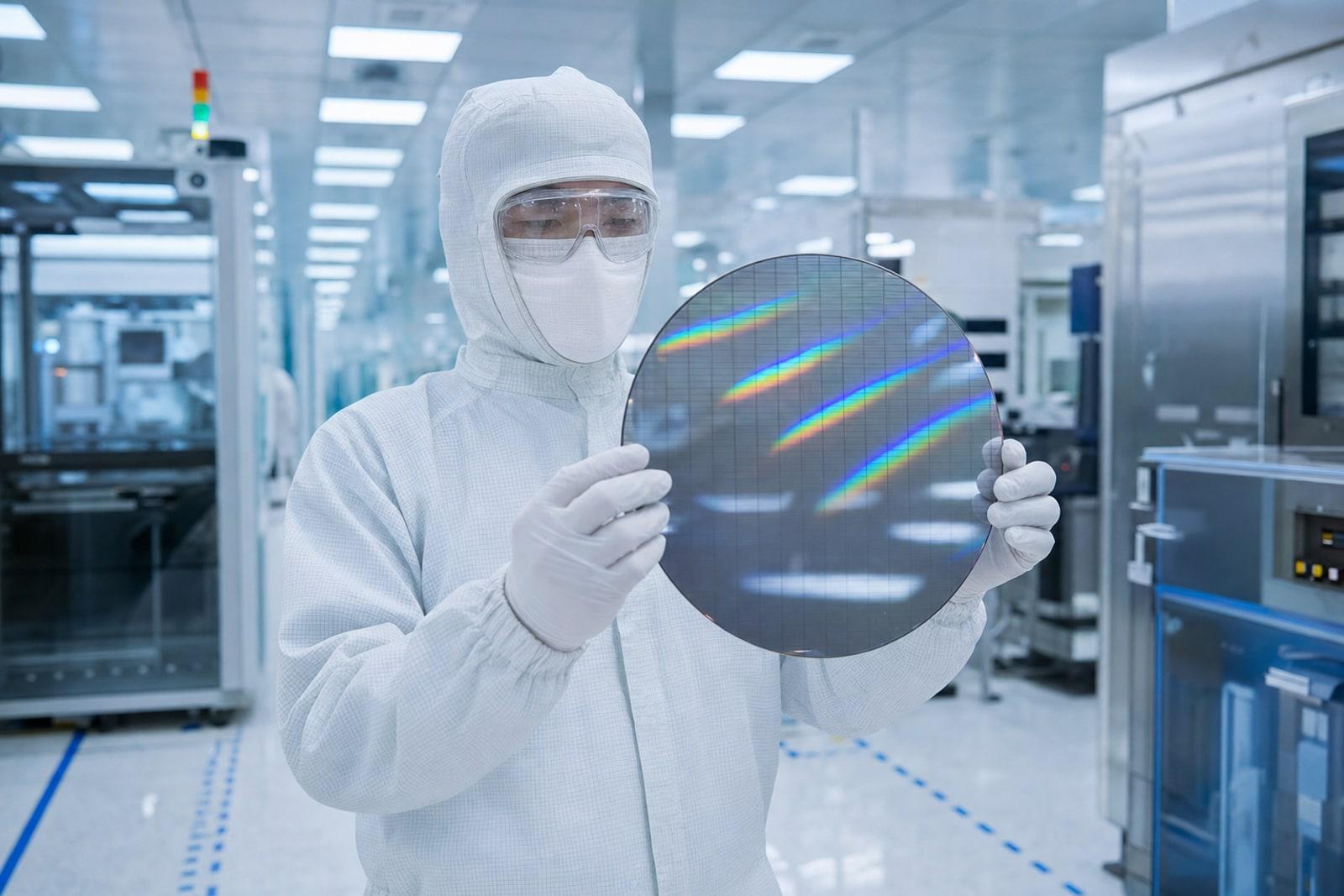 A gowned technician in a white cleanroom suit holds up a mirror-finish silicon semiconductor wafer under blue-white fabrication-plant lighting.