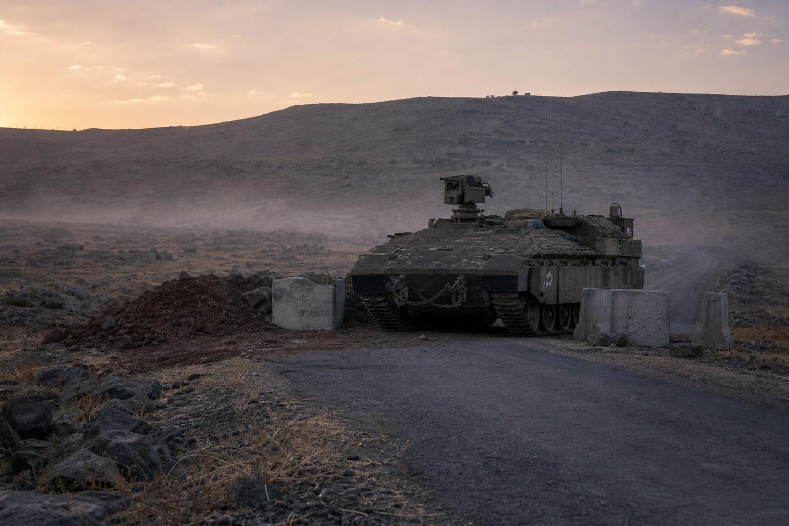 An Israeli armored vehicle at an earth-berm checkpoint on an empty road through the arid Quneitra buffer zone of southern Syria at dusk.
