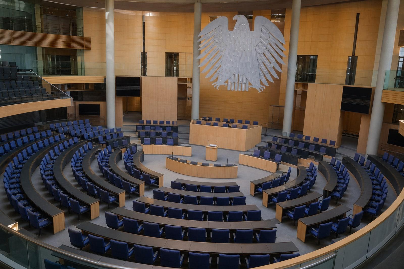 Leerer Plenarsaal des Deutschen Bundestages im Berliner Reichstagsgebäude
