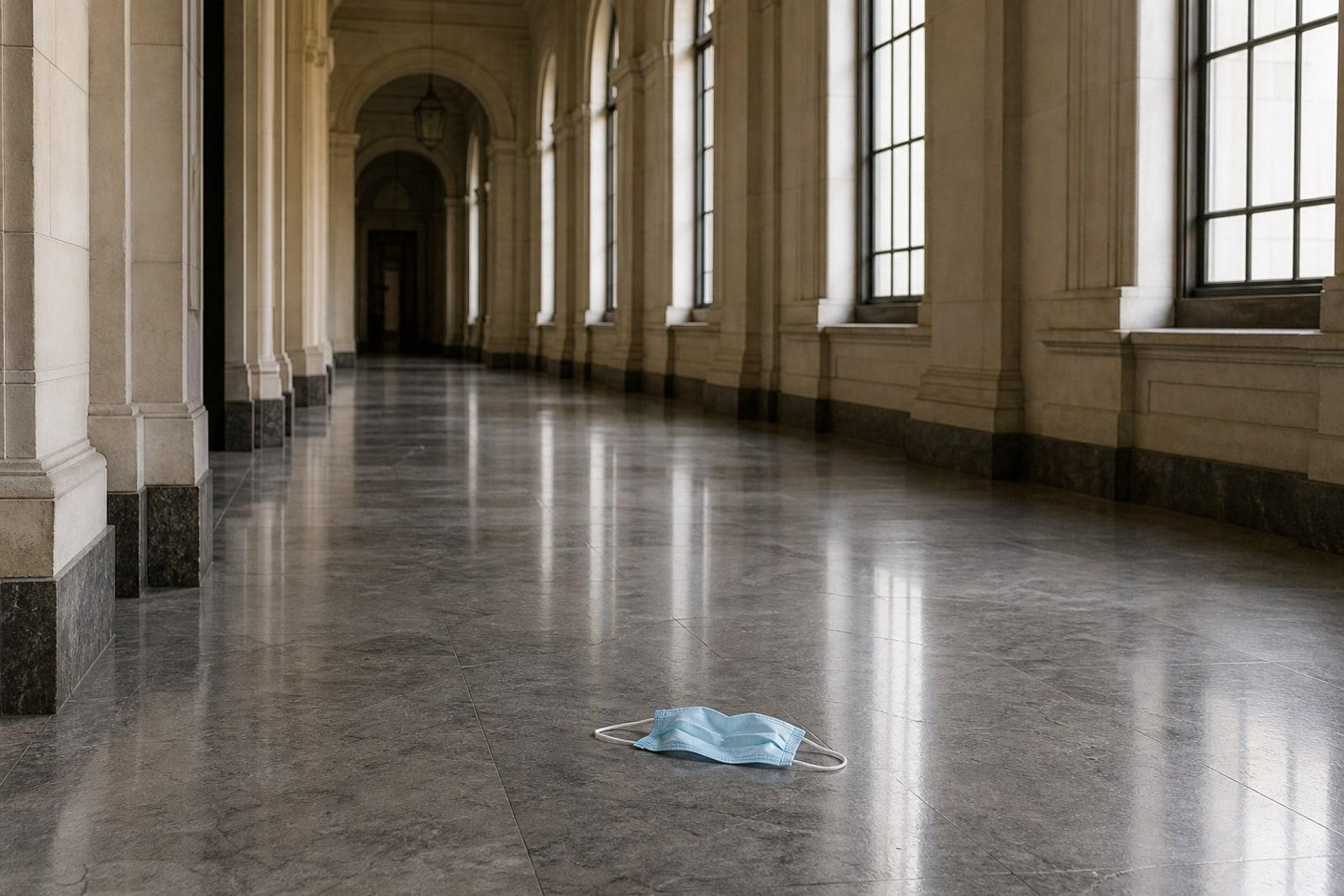 An empty, formal courthouse corridor with tall windows and a single discarded blue surgical mask on the polished stone floor.