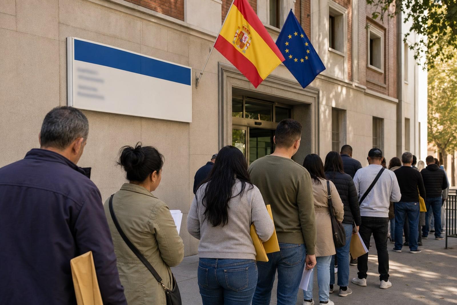 People holding document folders wait in a queue outside a Spanish immigration office, with the Spanish and EU flags visible.