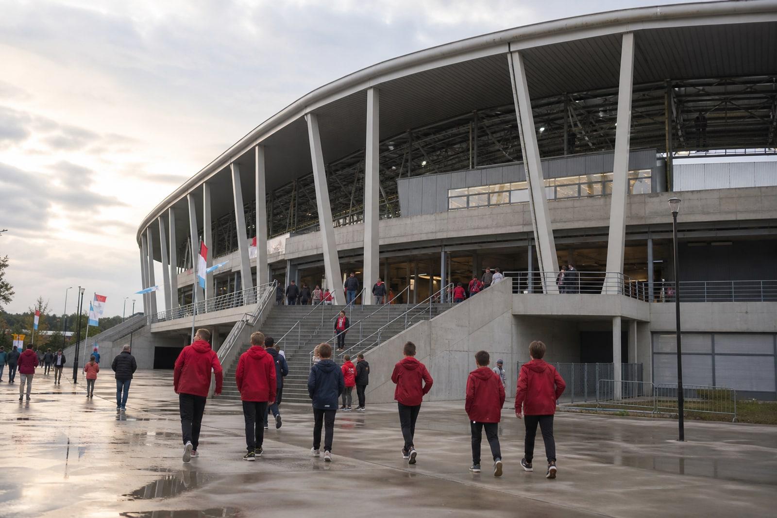 Anonymous supporters and youth players in red jackets walk across a wet concourse toward a modern football stadium under overcast light.