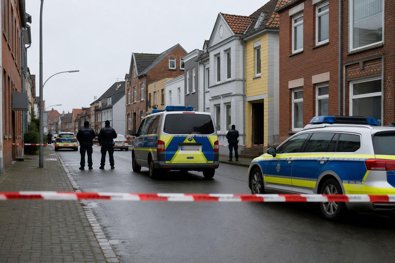 Blue-and-white German police vehicles and red-and-white cordon tape sealing a quiet residential street in Stade.