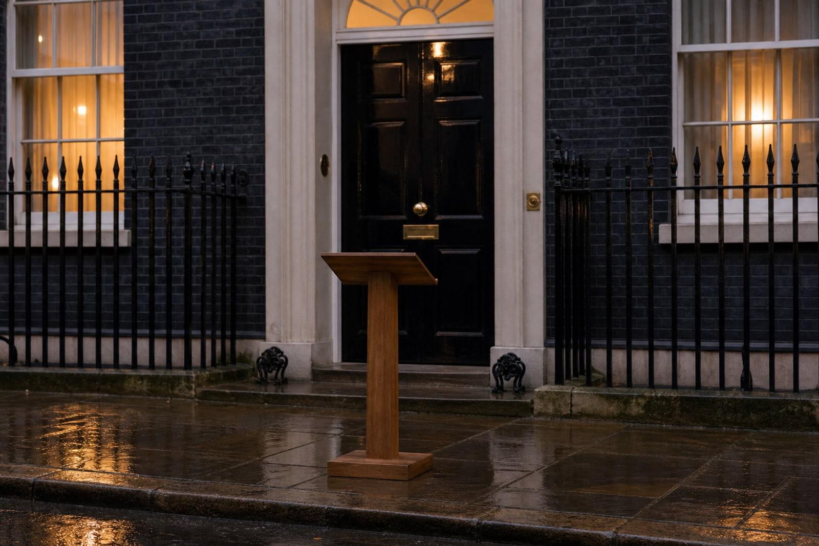 An empty wooden lectern on wet pavement in front of a closed black terraced-house door at dusk.