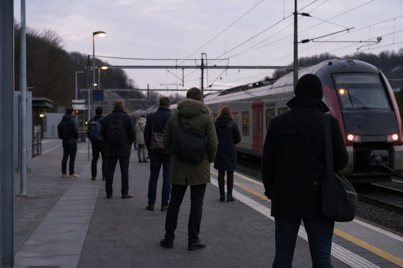 Anonymous commuters wait on a Luxembourg-region railway platform at dawn as a cross-border train pulls in.