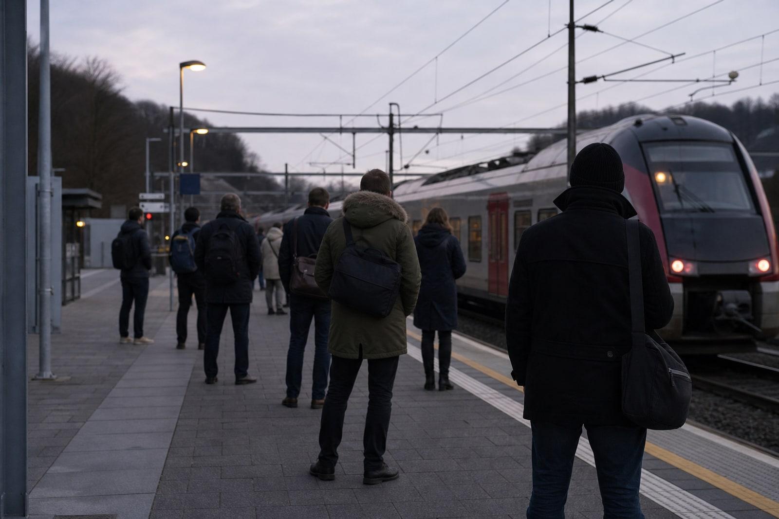 Anonymous commuters wait on a Luxembourg-region railway platform at dawn as a cross-border train pulls in.