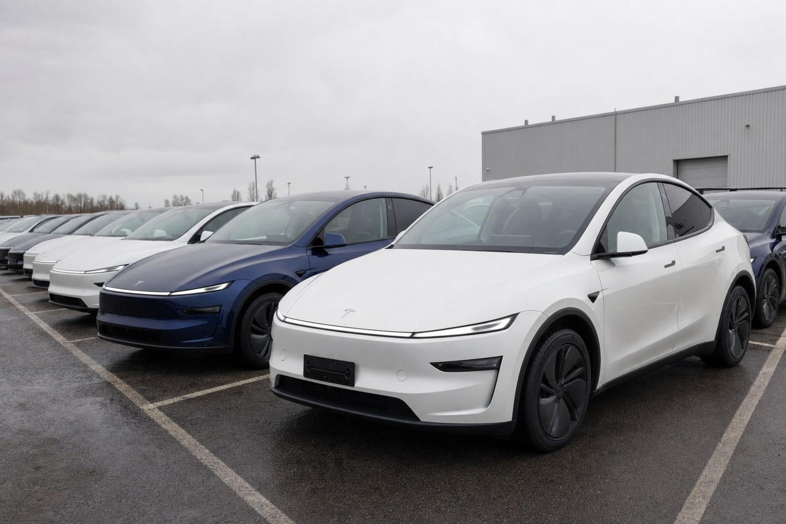 Rows of white and blue refreshed Tesla Model Y electric SUVs parked on a delivery lot under an overcast sky