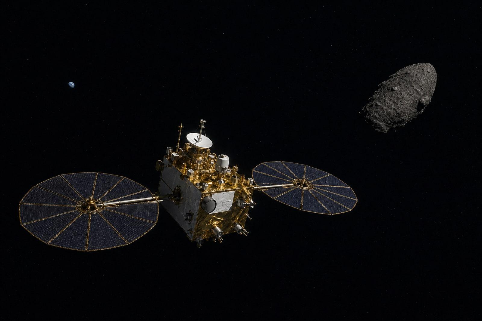 Illustration of the Tianwen-2 spacecraft with its twin circular solar panels hovering near the small dark asteroid Kamoʻoalewa in deep space.