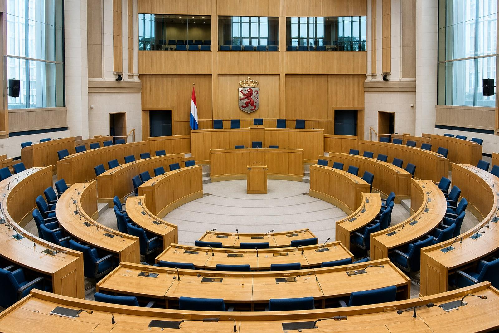 The empty semicircular debating chamber of Luxembourg's Chamber of Deputies, with tiered wooden desks, blue seats and the national coat of arms above the presidium.