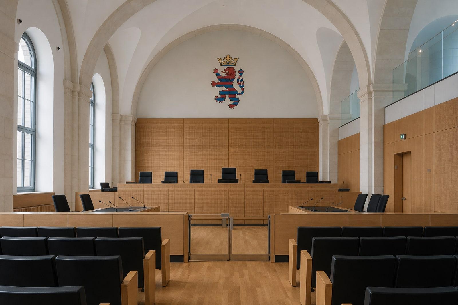 An empty wood-panelled courtroom in Luxembourg's Cité judiciaire, with the Grand Duchy's coat of arms above the bench.