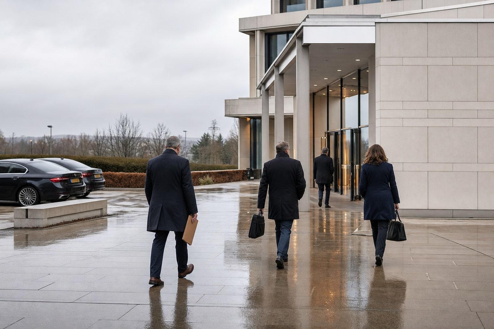 Anonymous attendees walk away from a Luxembourg institutional meeting venue across a wet forecourt after an overcast day.