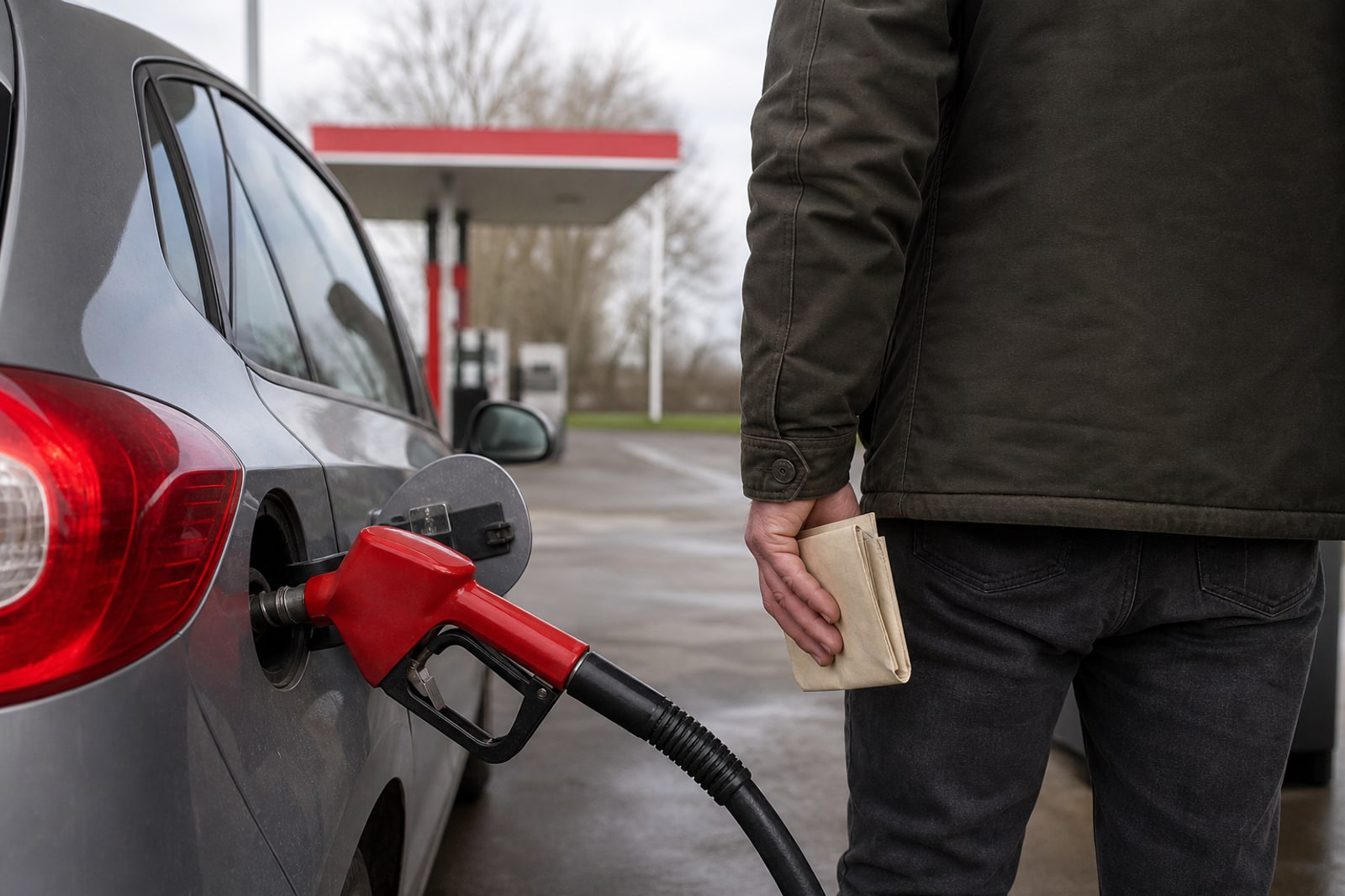 Anonymous person holding a plain envelope beside a car being refueled at an unbranded Luxembourg-style petrol station on an overcast morning.