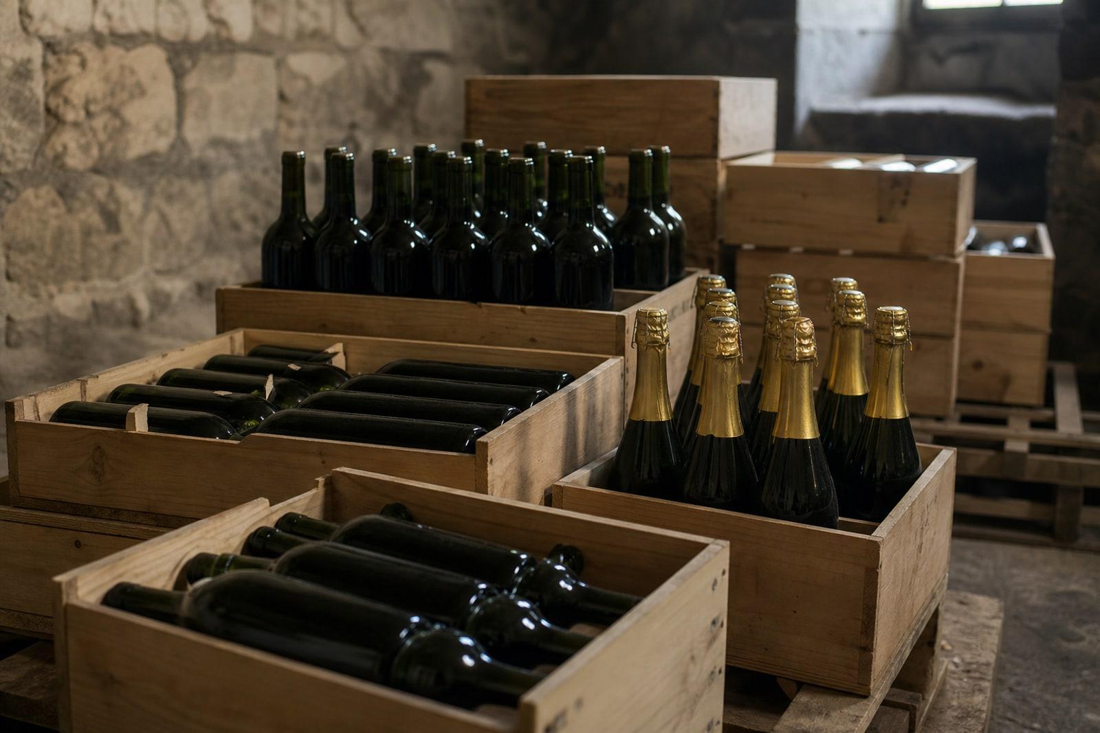 Dark-green French wine bottles and foil-necked champagne bottles packed in wooden cases on pallets in a dim cellar.