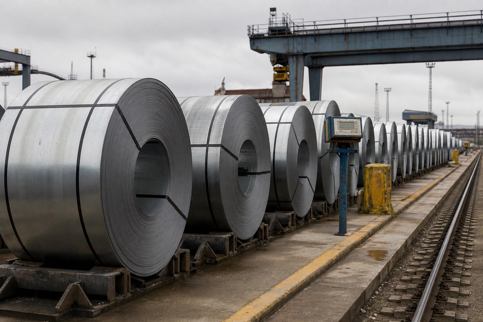 Rows of tightly wound rolled-steel coils stacked in a steelworks loading yard, ready for export.