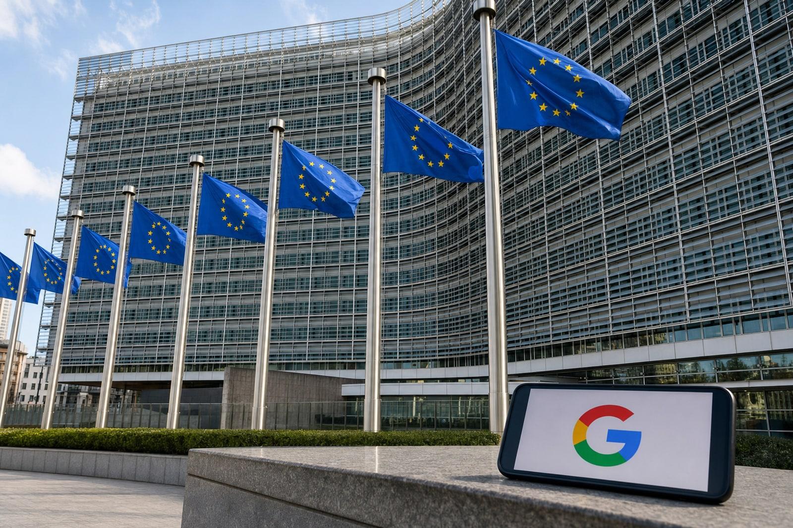 The glass-and-metal Berlaymont building in Brussels behind EU flags, beside a screen showing Google’s multicolour emblem