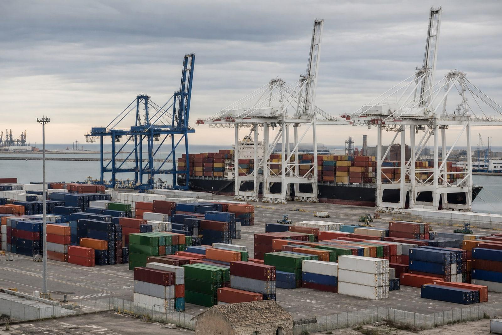 Containerterminal im Hafen von Valencia mit gestapelten Containern, Portalkränen und einem Containerschiff am Kai