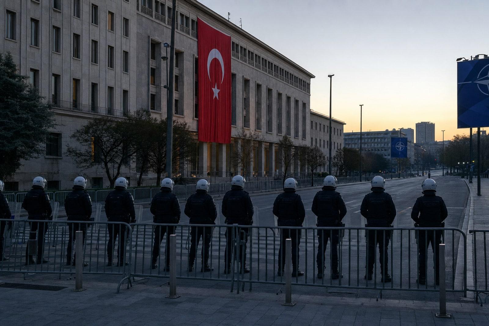 Turkish riot police stand behind metal barriers on a cordoned-off Ankara street beneath a large red Turkish flag ahead of the NATO summit.