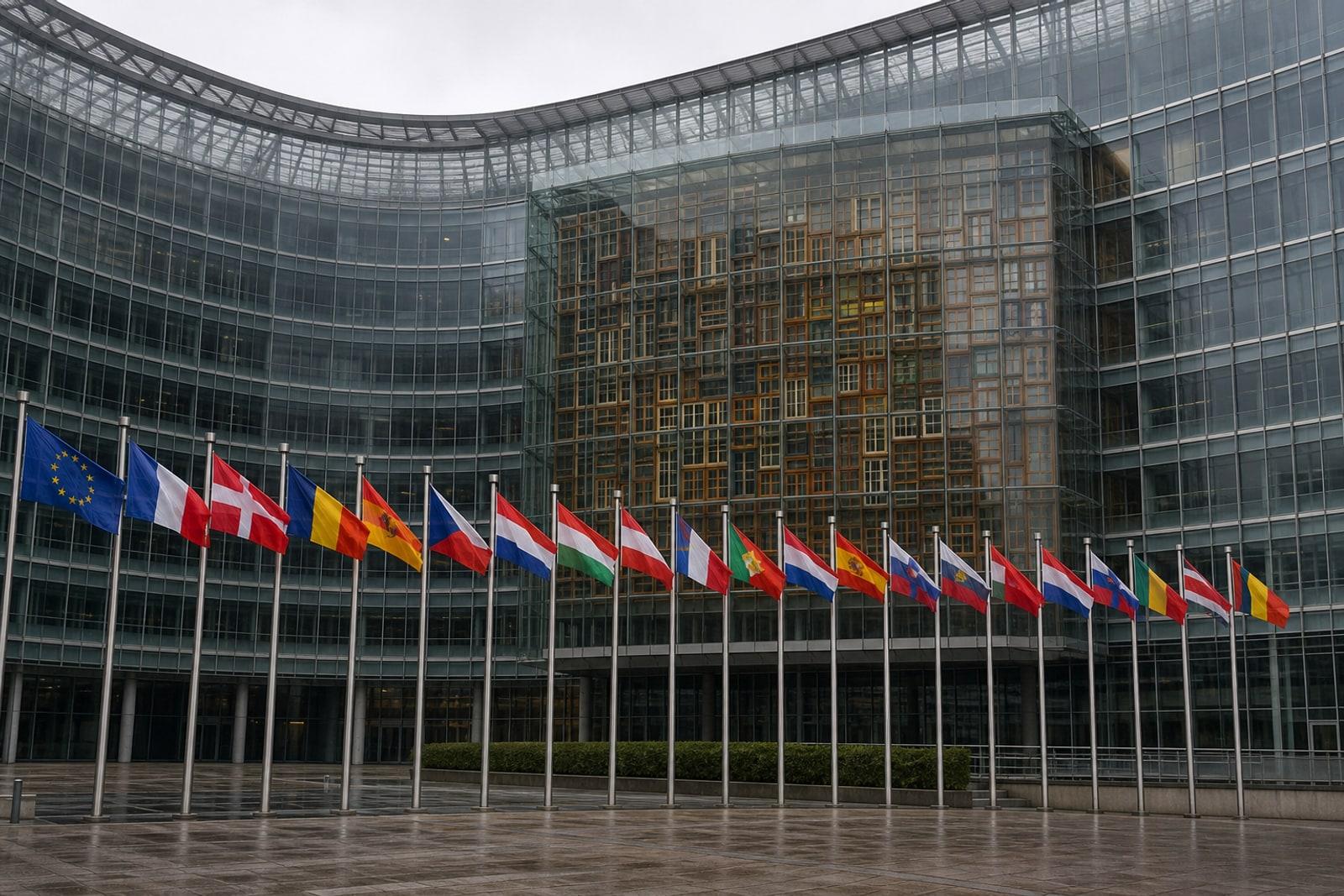The curved multicoloured glass lantern facade of the Europa building in Brussels behind a row of EU member-state flags.