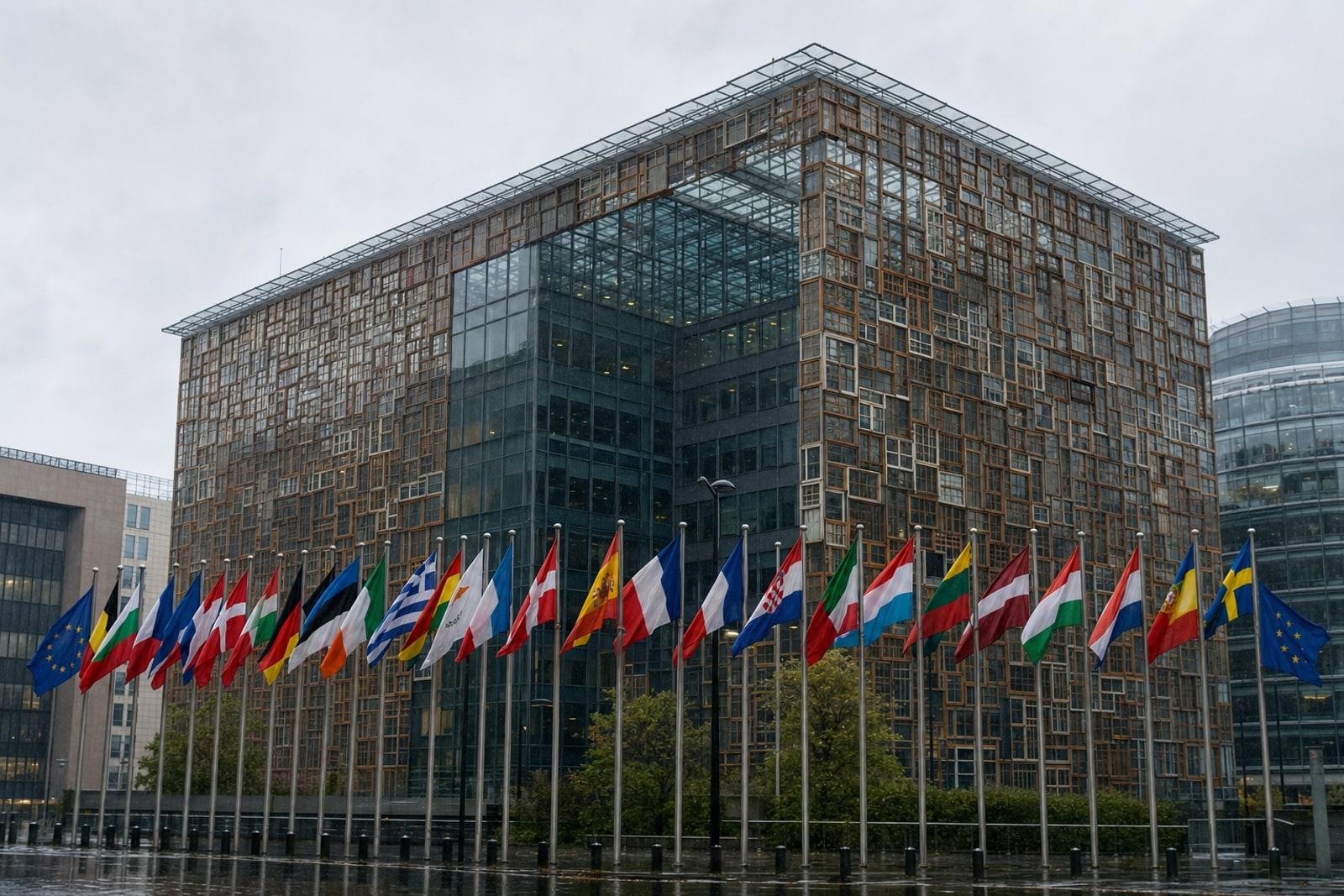 The Europa building in Brussels, the Council of the EU's glass lantern cube, behind a row of EU member-state flags under grey skies.